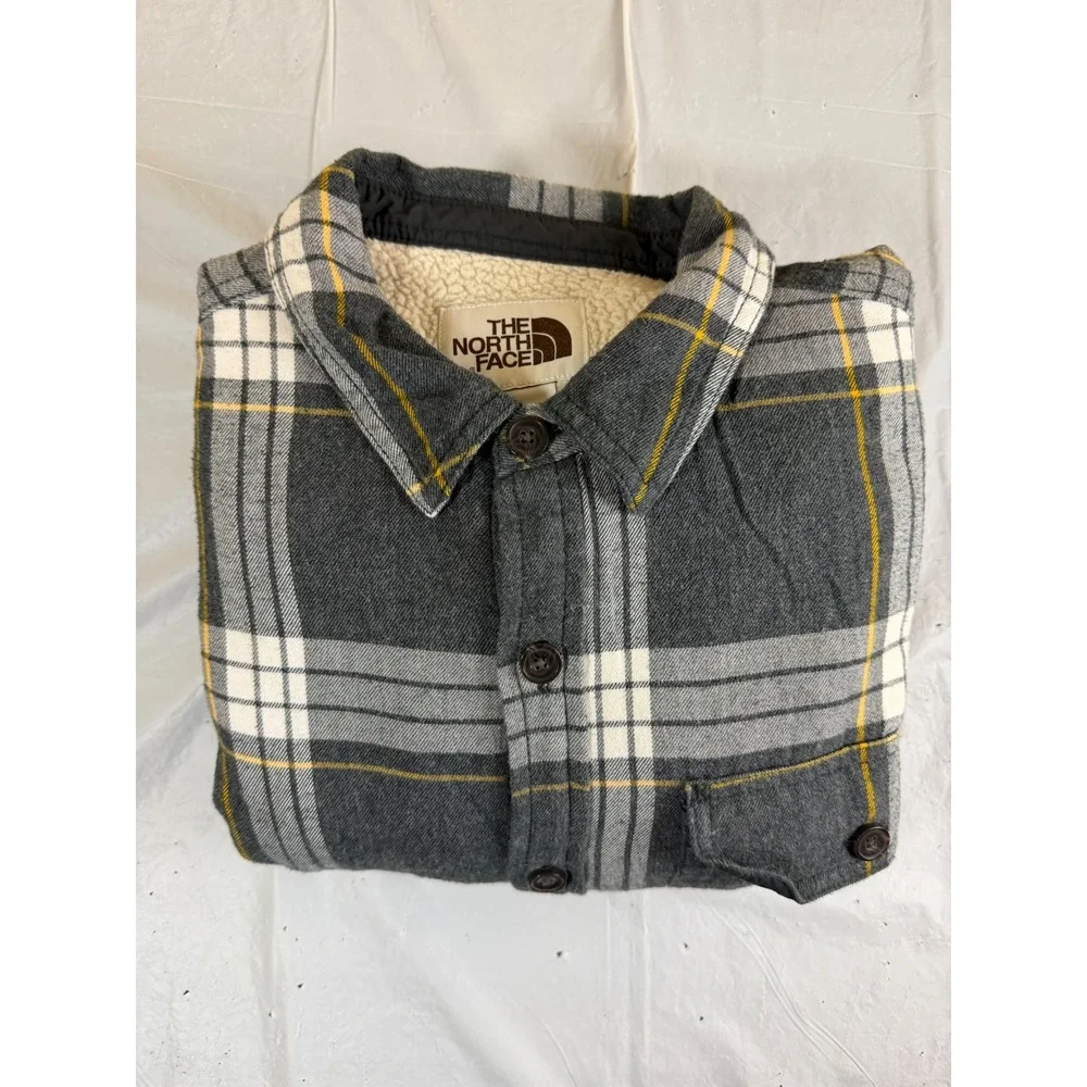 The North Face Mens Sherpa Lined Flannel Shirt Jacket Gray Plaid Size M Medium